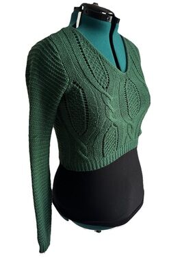 PrettyGuide Green Cable Knit Lace Up Back Crop Sweater Cottagecore Medium